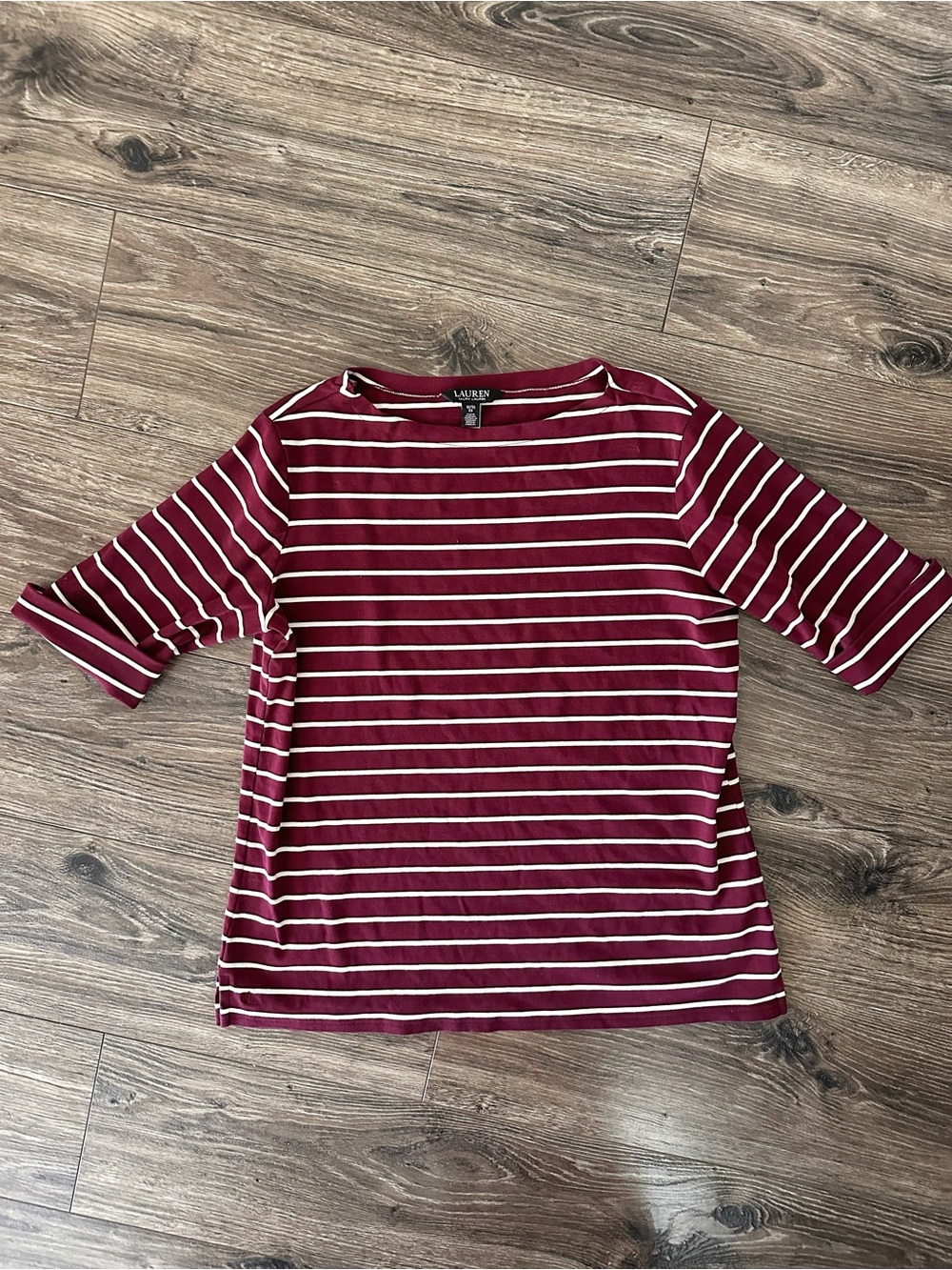 Lauren Ralph Lauren Burgundy and White Striped Short Sleeve Boatneck Tee